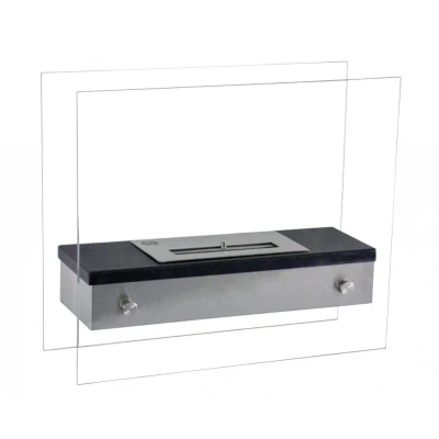 Biohaard met twee glazen zijdes en een brander van 1,2 liter. Brandtijd 2-3 uur. Maat H: 40 x B: 47 x D: 19 cm.