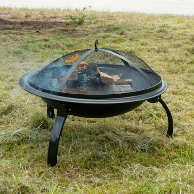 Vuurschaal met grillrooster en vonkenvanger voor tuin en terras Vuurschaal met rooster en deksel van gaas