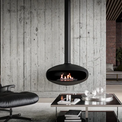 Icon Fires - THE ICONIC Icon Fires The ICONIC grote zwarte aan het plafond gemontuurde bio-ethanol haard met een diamter van 90 cm