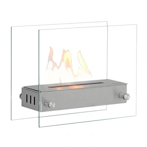 Tafel biohaard in glas met een stalen brander. Brandtijd: 2-3 uur. Maat: H: 28 x B: 35 x D: 12 cm